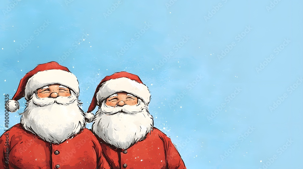 Two cheerful Santa Clauses stand side by side against a soft blue background, radiating warmth and joy, enveloped in falling snowflakes. Christmas Celebration Concept Two cheerful Santa Clauses stand side by side against a soft blue background, radiating warmth and joy, enveloped in falling snowflakes. Christmas Celebration Concept