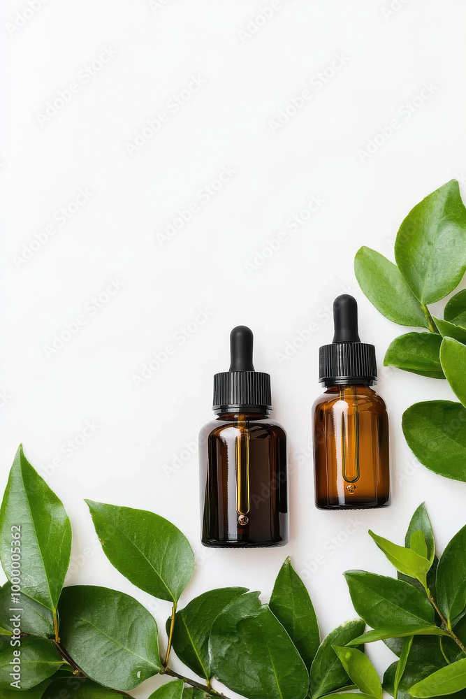 A flat lay composition featuring two bottles of face cream and oil dropper on the right side, surrounded by green leaves a white background. A flat lay composition featuring two bottles of face cream and oil dropper on the right side, surrounded by green leaves a white background.