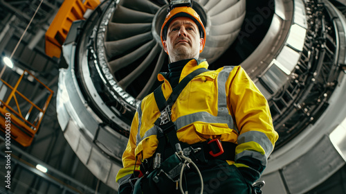 Engineer inspecting aircraft engine in hangar.