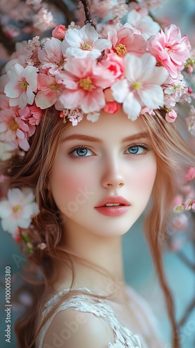 Ethereal spring portrait adorned with delicate cherry blossoms, soft pink petals frame a serene face with piercing blue eyes, embodying nature's renewal.