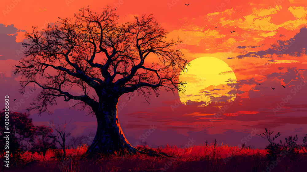 African baobab in the savannah at sunset, generative ai. Savannah Sunrise. Illustration African baobab in the savannah at sunset, generative ai. Savannah Sunrise. Illustration