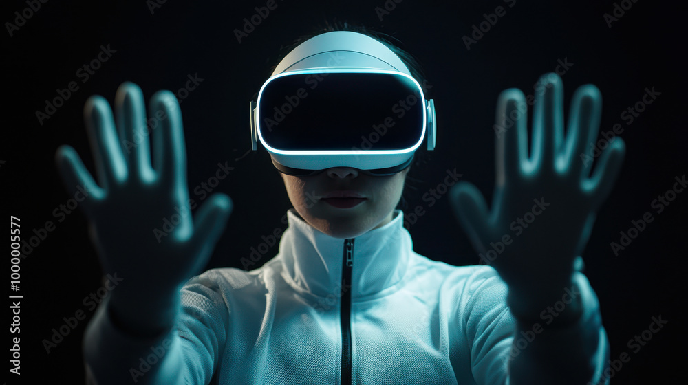 Person wearing VR headset with glowing hands. Person wearing VR headset with glowing hands.