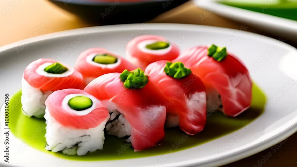 Delicious sushi rolls with vibrant toppings ready to be savored Delicious sushi rolls with vibrant toppings ready to be savored