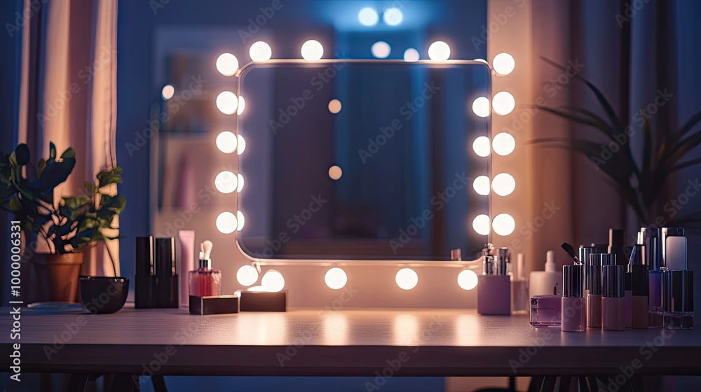 A makeup mirror with lights on a dressing table, with clean, open space above for text placement. A makeup mirror with lights on a dressing table, with clean, open space above for text placement.