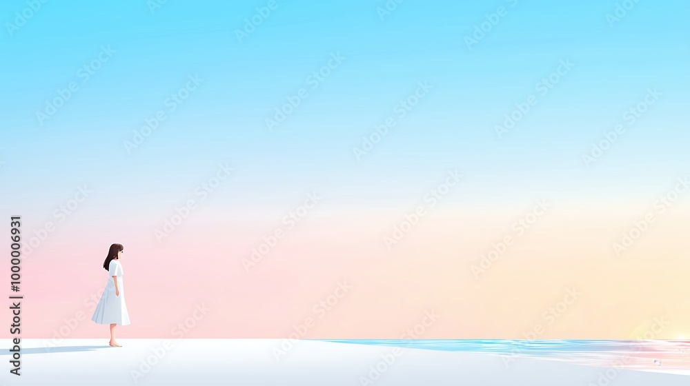 1980 anime, illustration city pop anime young woman walking along a deserted beach at dusk, soft waves lapping the shore, bold black outlines and simple, solid colors. Design similar to pop art with 1980 anime, illustration city pop anime young woman walking along a deserted beach at dusk, soft waves lapping the shore, bold black outlines and simple, solid colors. Design similar to pop art with