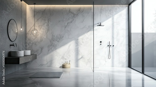 A modern walk-in shower with marble tiles, with clear space for text on the walls.