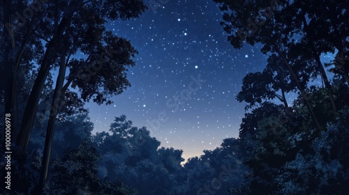 A serene nighttime scene of a forest clearing, with the Leo constellation visible above the treetops under a clear starry sky