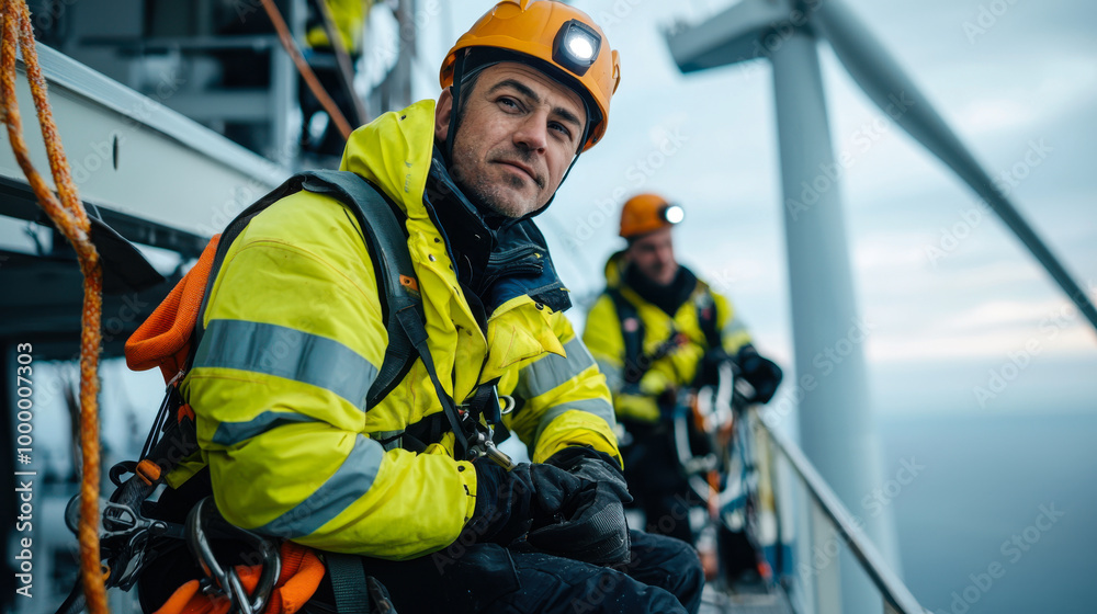 Wind turbine technicians working on a platform. Wind turbine technicians working on a platform.