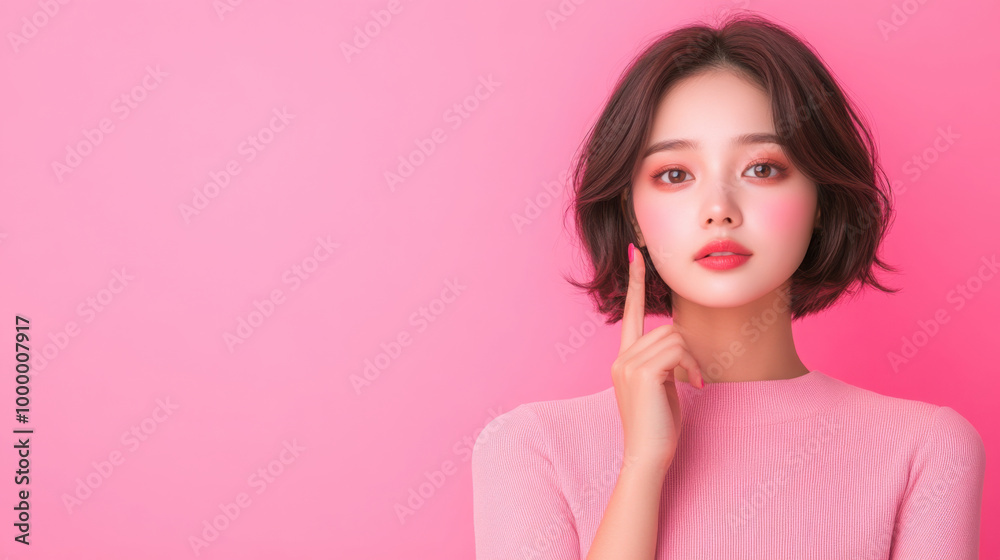 Portrait of young Asian woman, almost 30 years old, with short hair, wearing a pink top Portrait of young Asian woman, almost 30 years old, with short hair, wearing a pink top