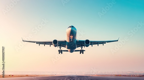 A passenger airplane taking off against a clear sky, with plenty of space for text.