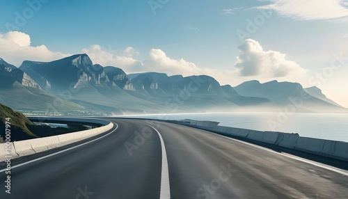 Scenic empty road winding through mountains alongside a stunning sea coast