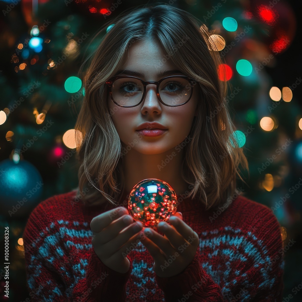 Naklejka premium A woman is holding a glass ball in her hand