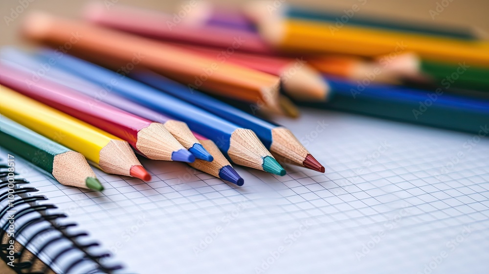 A pile of colored pencils with a few scattered on a blank notebook, leaving room around the edges for copy. A pile of colored pencils with a few scattered on a blank notebook, leaving room around the edges for copy.