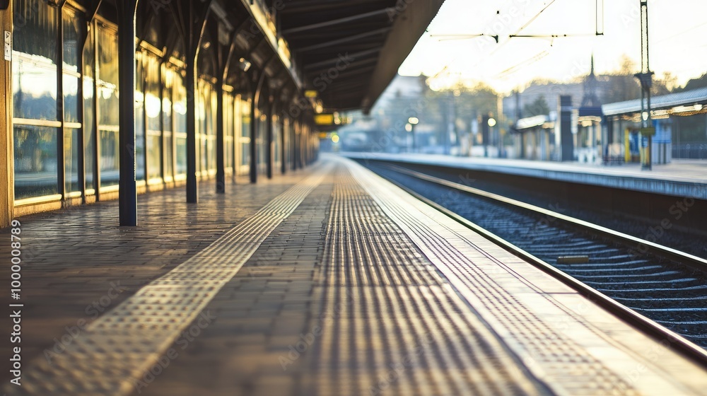 Naklejka premium A quiet train station platform with an empty track and ample space for text.