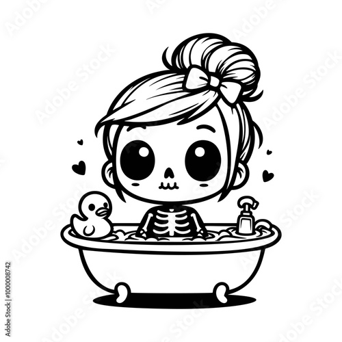 Cute skeleton taking bath. Vector illustration.