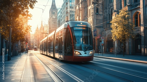 A public tram on a city street with clean buildings in the background and space for text.