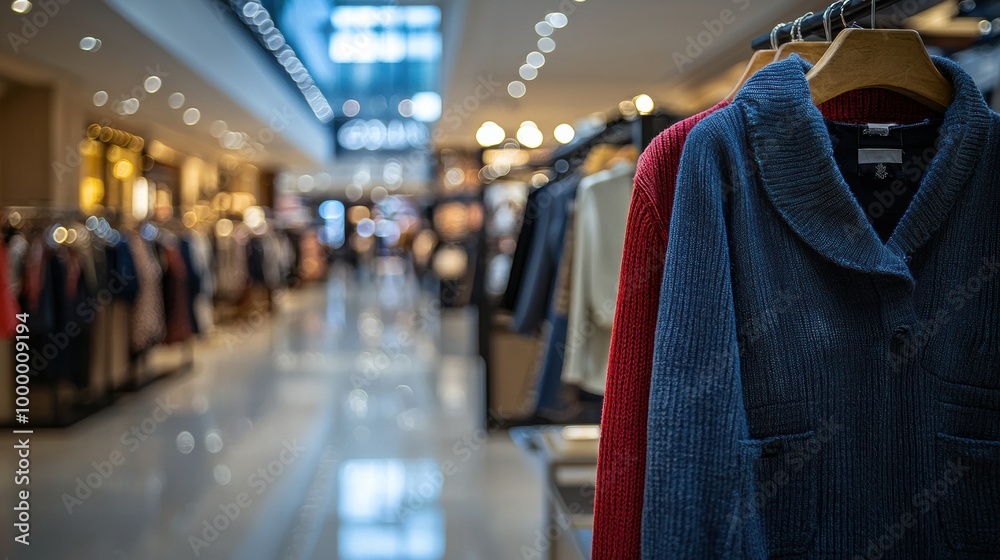 Stylish Clothing Retail Store Interior with Hanging Garments and Mannequin Displays Stylish Clothing Retail Store Interior with Hanging Garments and Mannequin Displays