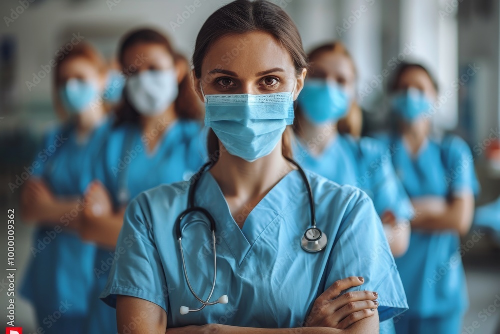Close-up of Modern Medical Team in Blue Scrubs with Arms Crossed, Hospital Setting, Space for Text Close-up of Modern Medical Team in Blue Scrubs with Arms Crossed, Hospital Setting, Space for Text
