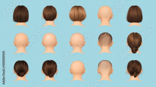 Alopecia illustration showcasing bald spots and thinning hair on the scalp in various stages of hair loss