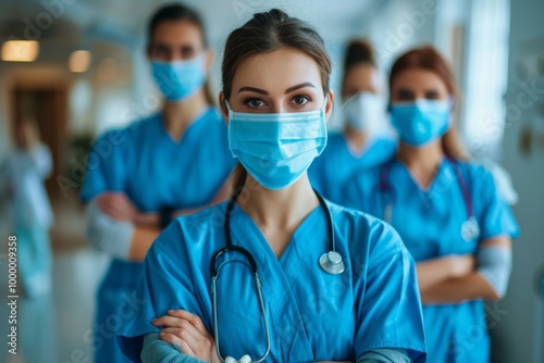 Close-up of Modern Medical Team in Blue Scrubs with Arms Crossed, Hospital Setting, Space for Text