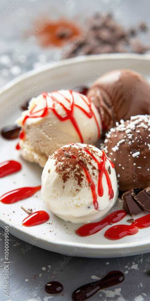 A plate of chocolate truffles, covered in white and dark ice cream with red sauce A plate of chocolate truffles, covered in white and dark ice cream with red sauce