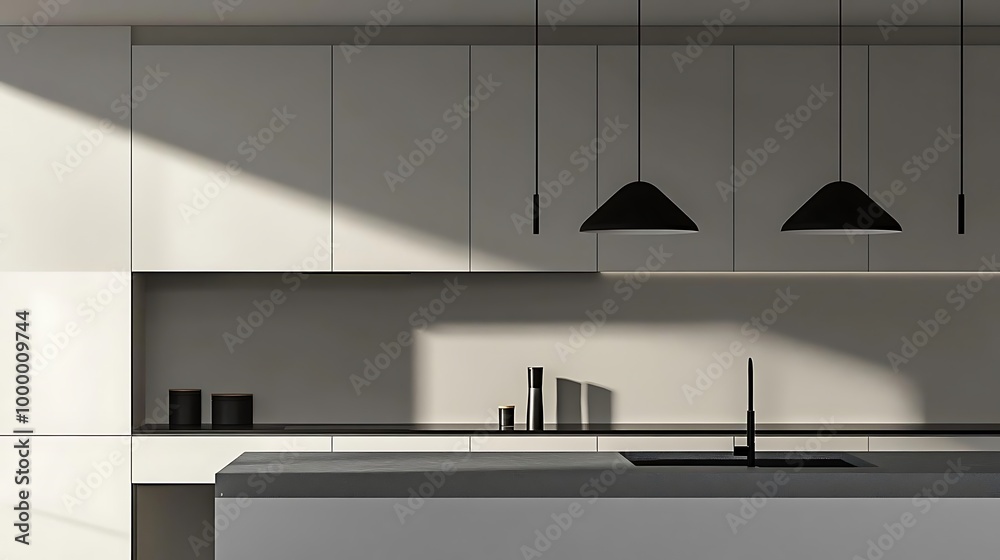 Modern Kitchen Interior Design with Black Pendant Lights and Minimalist Style Modern Kitchen Interior Design with Black Pendant Lights and Minimalist Style