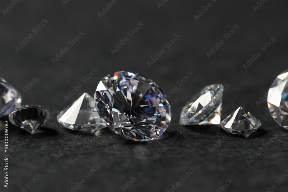 Many beautiful shiny diamonds on black table, closeup Many beautiful shiny diamonds on black table, closeup