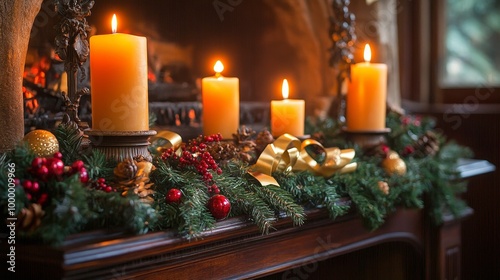 Warm holiday scene with a fireplace mantle decorated with candles, garland, and gold ribbon.