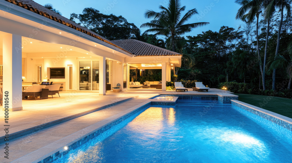 Fototapeta premium Beautiful, modern, and clean large pool with a sitting area at the end of an elegant stone patio in front of a luxury home