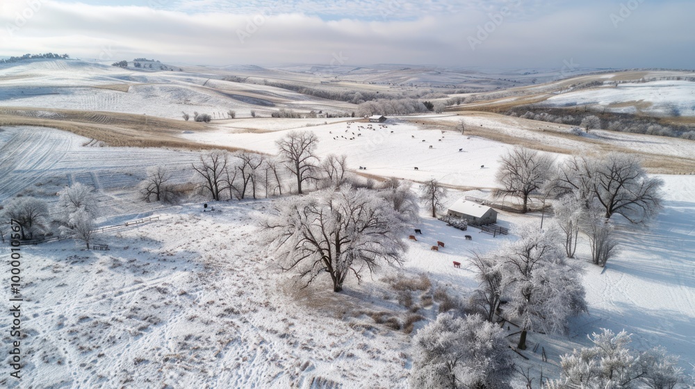 Snowy Winter Landscape With Farmhouse and Cattle Snowy Winter Landscape With Farmhouse and Cattle
