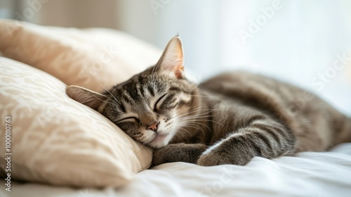 A sick cat resting on a soft bed with a supportive pillow, surrounded by a soft-focus background for text placement.