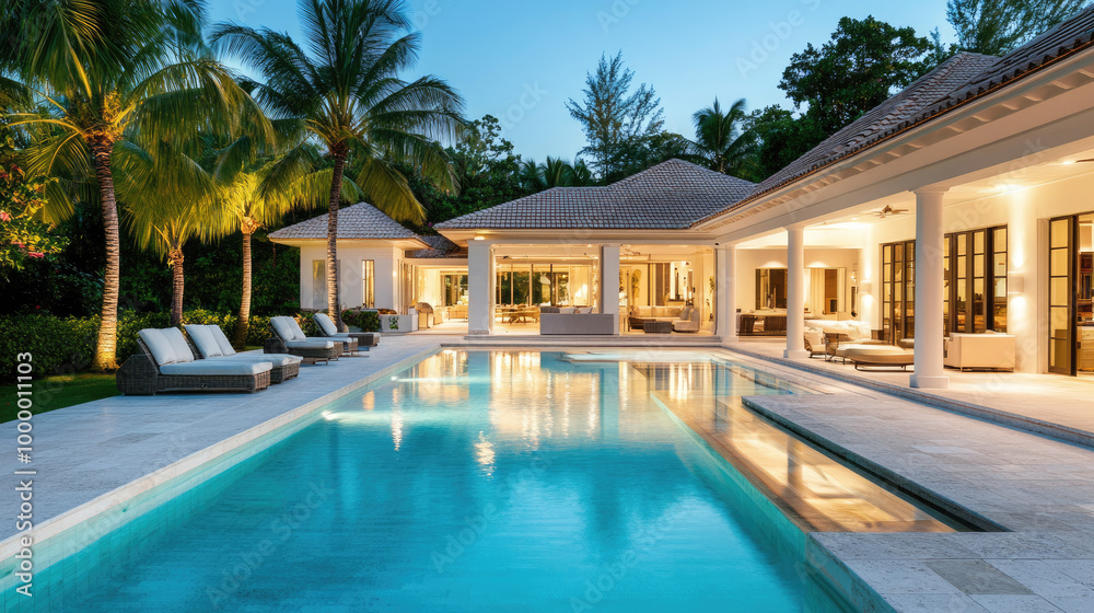 Fototapeta premium Beautiful, modern, and clean large pool with a sitting area at the end of an elegant stone patio in front of a luxury home
