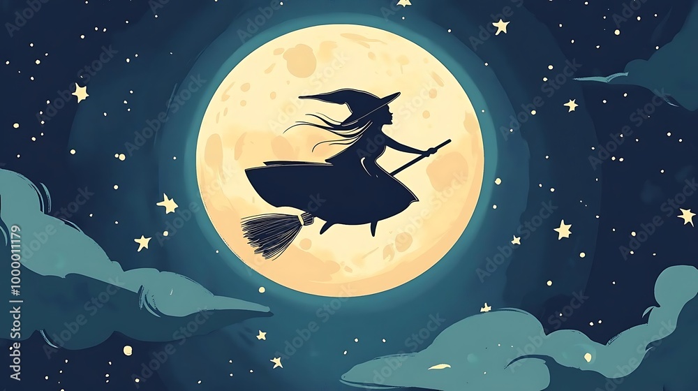 Witch Flying on a Broomstick Silhouette in Front of a Full Moon Witch Flying on a Broomstick Silhouette in Front of a Full Moon