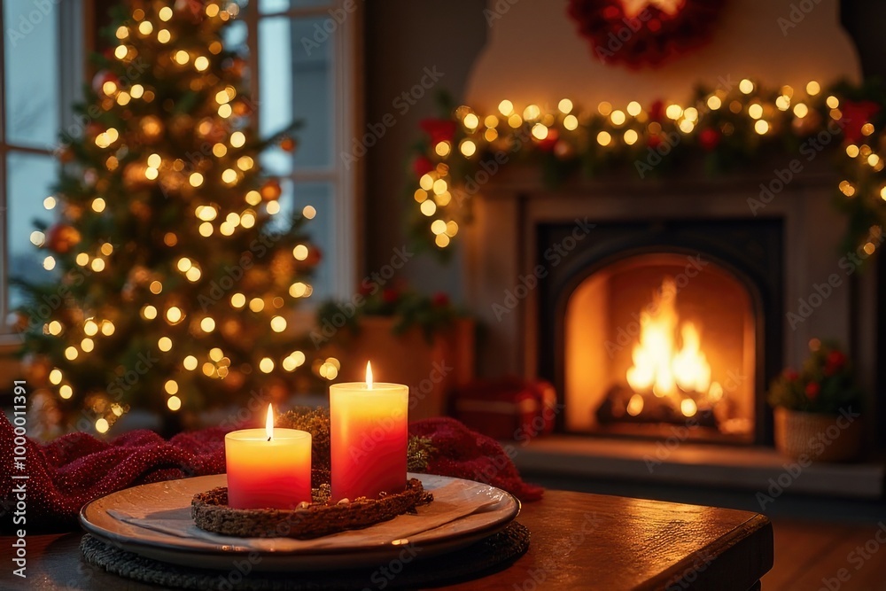 A wooden table with a Christmas room and a fireplace in the background, setting a festive and cozy atmosphere for the holiday season A wooden table with a Christmas room and a fireplace in the background, setting a festive and cozy atmosphere for the holiday season