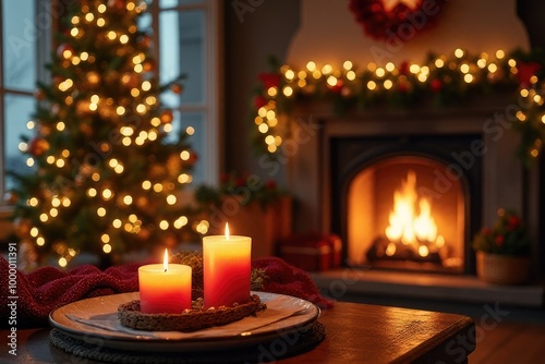 A wooden table with a Christmas room and a fireplace in the background, setting a festive and cozy atmosphere for the holiday season