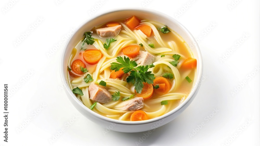 Instant chicken noodle soup in a white ceramic bowl isolated on white high angle Instant chicken noodle soup in a white ceramic bowl isolated on white high angle