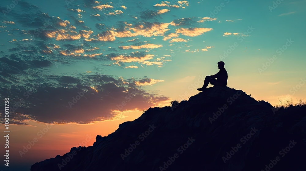 A silhouette of a person enjoying a sunset from a hilltop, with a wide-open sky above for adding copy. A silhouette of a person enjoying a sunset from a hilltop, with a wide-open sky above for adding copy.