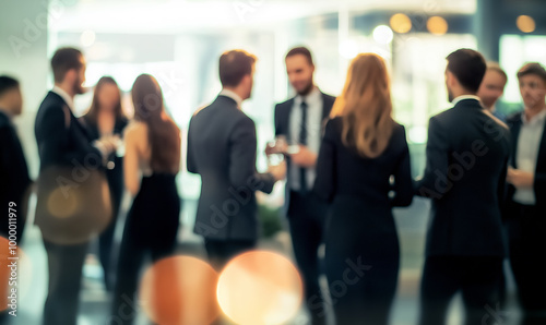 A blurred networking event with business professionals in formal attire, gathered in a modern office or event space, engaging in conversation