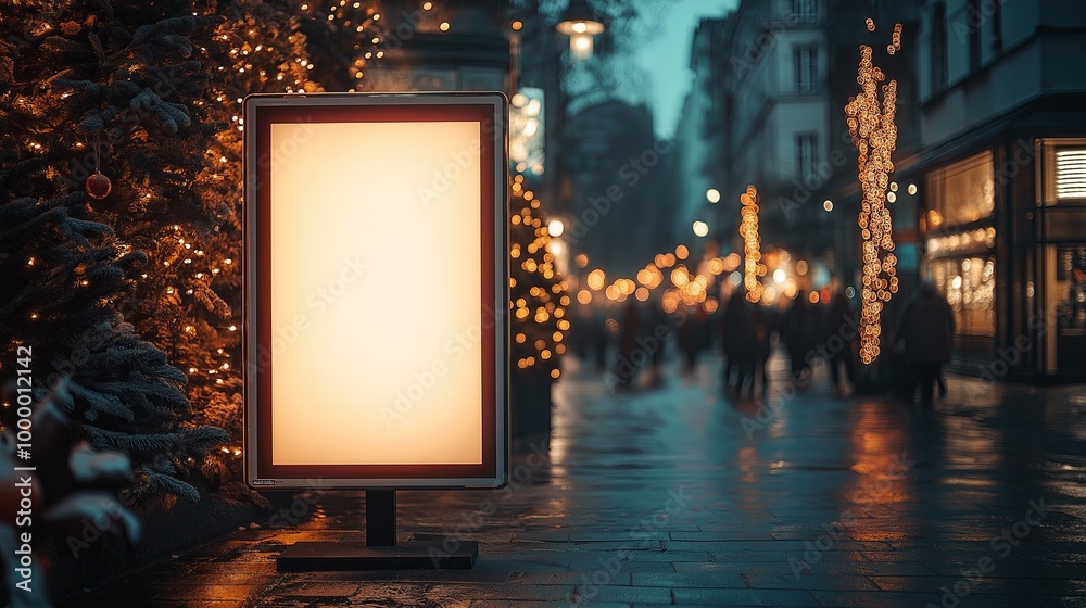 Blank billboard mockup on the street with christmas decorations on the street Blank billboard mockup on the street with christmas decorations on the street