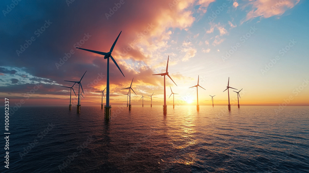 Obraz premium Wind turbines stand tall in a scenic sunset.
