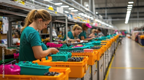 Wallpaper Mural Workers assembling products in a modern warehouse with colorful bins and organized workstations. Torontodigital.ca