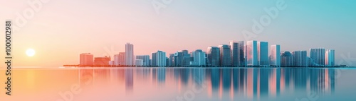 stunning city skyline at sunset, reflecting beautifully on calm water. vibrant colors of sky blend seamlessly with modern architecture, creating serene atmosphere. 