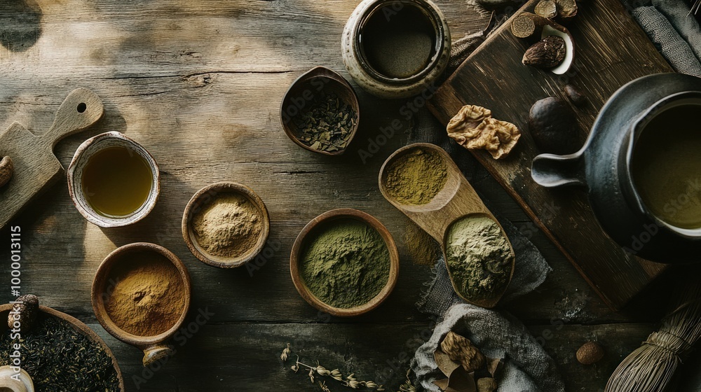A cozy kitchen scene with organic adaptogen teas and powders, featuring ingredients like chaga mushrooms, licorice root, and matcha, promoting relaxation and vitality A cozy kitchen scene with organic adaptogen teas and powders, featuring ingredients like chaga mushrooms, licorice root, and matcha, promoting relaxation and vitality