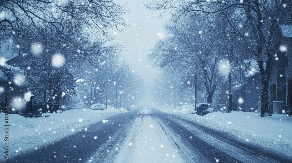 A snowstorm blanketing a quiet street with falling snowflakes, leaving ample open space in the sky for adding text. - A snowstorm blanketing a quiet street with falling snowflakes, leaving ample open space in the sky for adding text. -