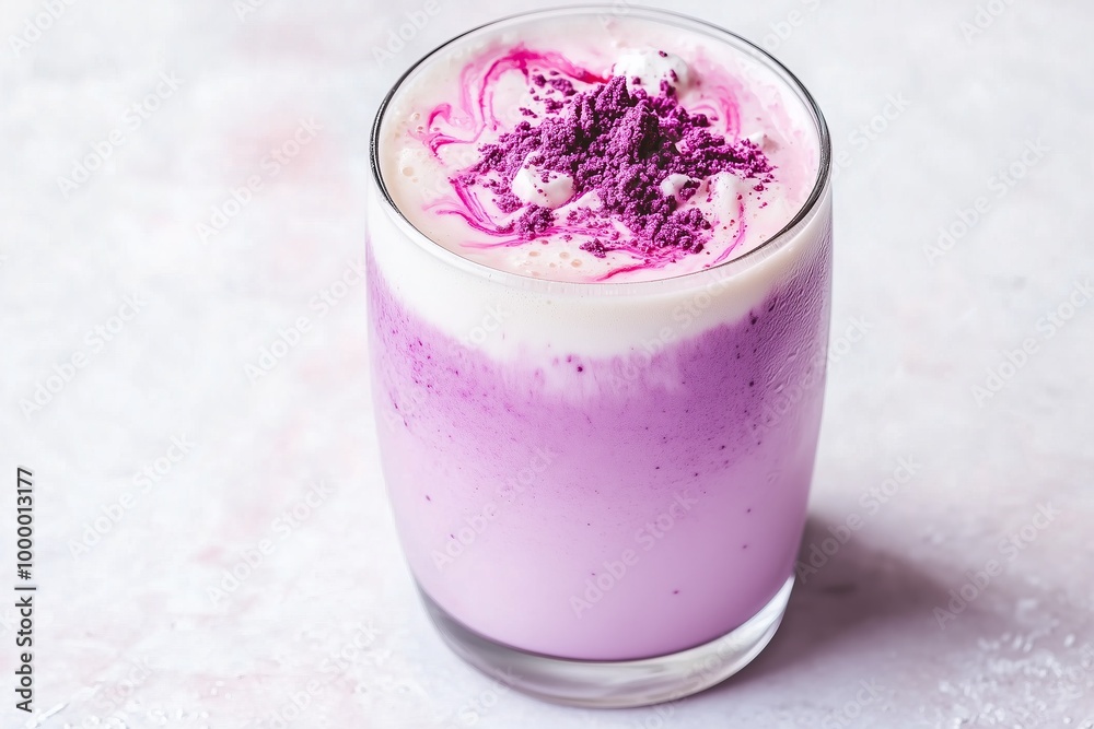 frothy ube latte served in a clear glass, with swirls of deep purple mixing into creamy milk frothy ube latte served in a clear glass, with swirls of deep purple mixing into creamy milk