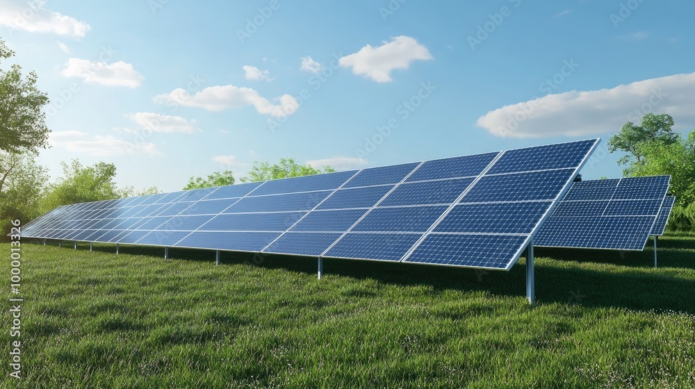 A solar panel array in a sunny field, with open space in the sky for text placement. A solar panel array in a sunny field, with open space in the sky for text placement.