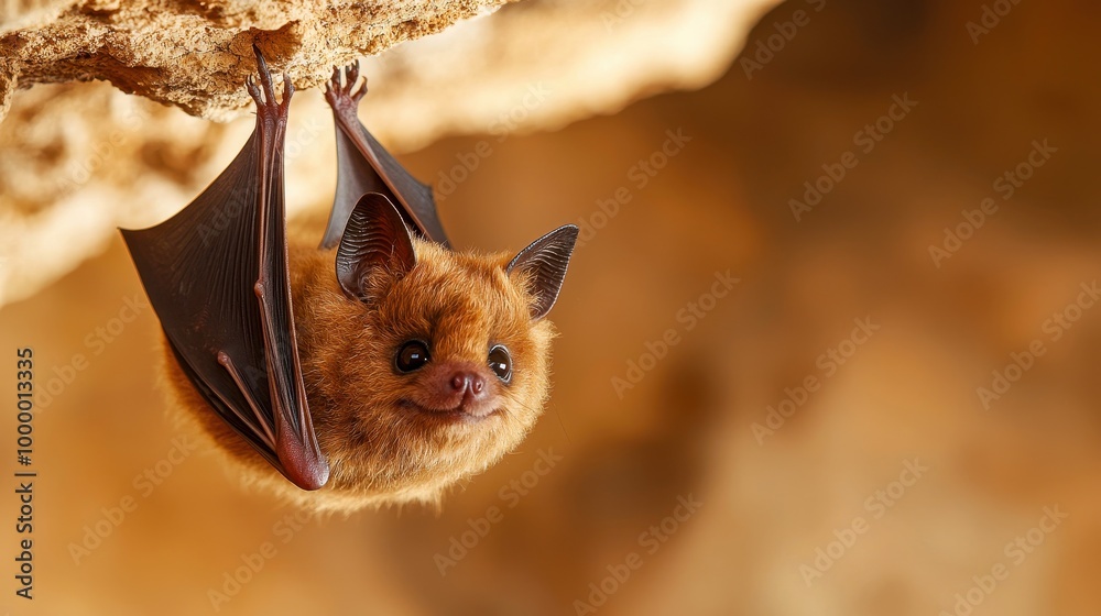 Obraz premium A cute bat hanging upside down in its natural habitat, showcasing its unique features and soft fur.