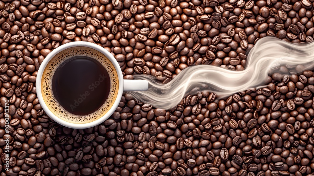 Naklejka premium A cup of coffee surrounded by roasted coffee beans, steam rising creating a warm and inviting atmosphere.