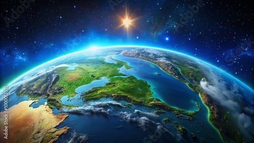 Earth Access Tilt View with Vibrant Blue Oceans and Green Landmass Under a Clear Starry Sky