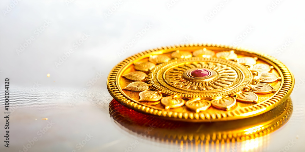 Futuristic Macro Shot of Bhai Dooj Coin: Glowing Inscriptions & Intricate Textures Highlighting Traditional Significance in Rituals